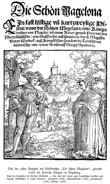 Illustration from the folktale "sch�nen Magelone und des Grafen Peter" suggested to be the source of the name Magelona