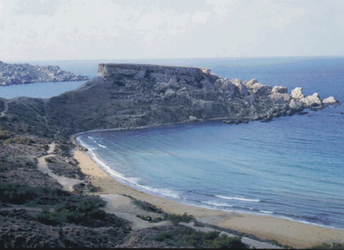 Il-Karraba promontory with Ghajn Tuffieha Bay in the foreground and Gnejna Bay in the background.