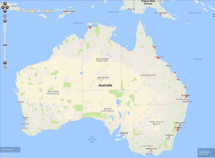 Occurrences of Leonnates stephensoni as in Atlas of Living Australia, October 2017