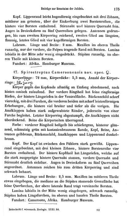 Origonal description p. 175 Spirostreptus cameroonensis Voges, 1878
