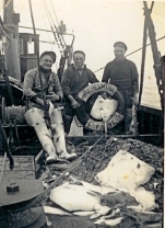 3 vissers met vangst (platvissen)