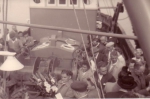 Groepsfoto aan boord tijdens doop vissersvaartuig 